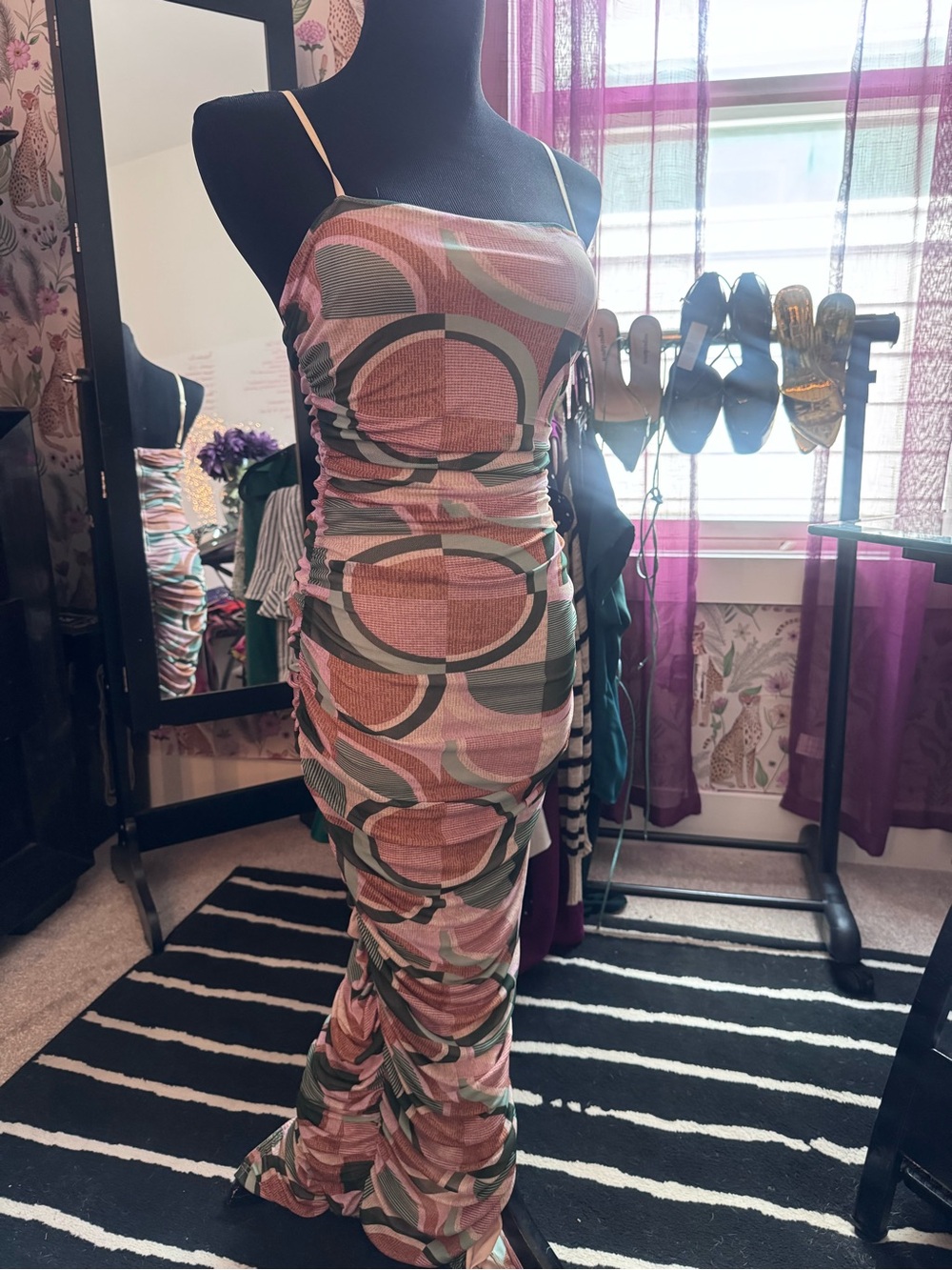 Ruched Geometric Maxi Dress in Pink & Green